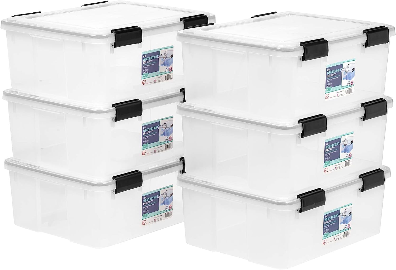 IRIS USA 30.6 Quart WEATHERPRO Plastic Storage Box with Durable Lid and Seal and Secure Latching Buckles. Weathertight. Clear with Black Buckles. 6 Pack