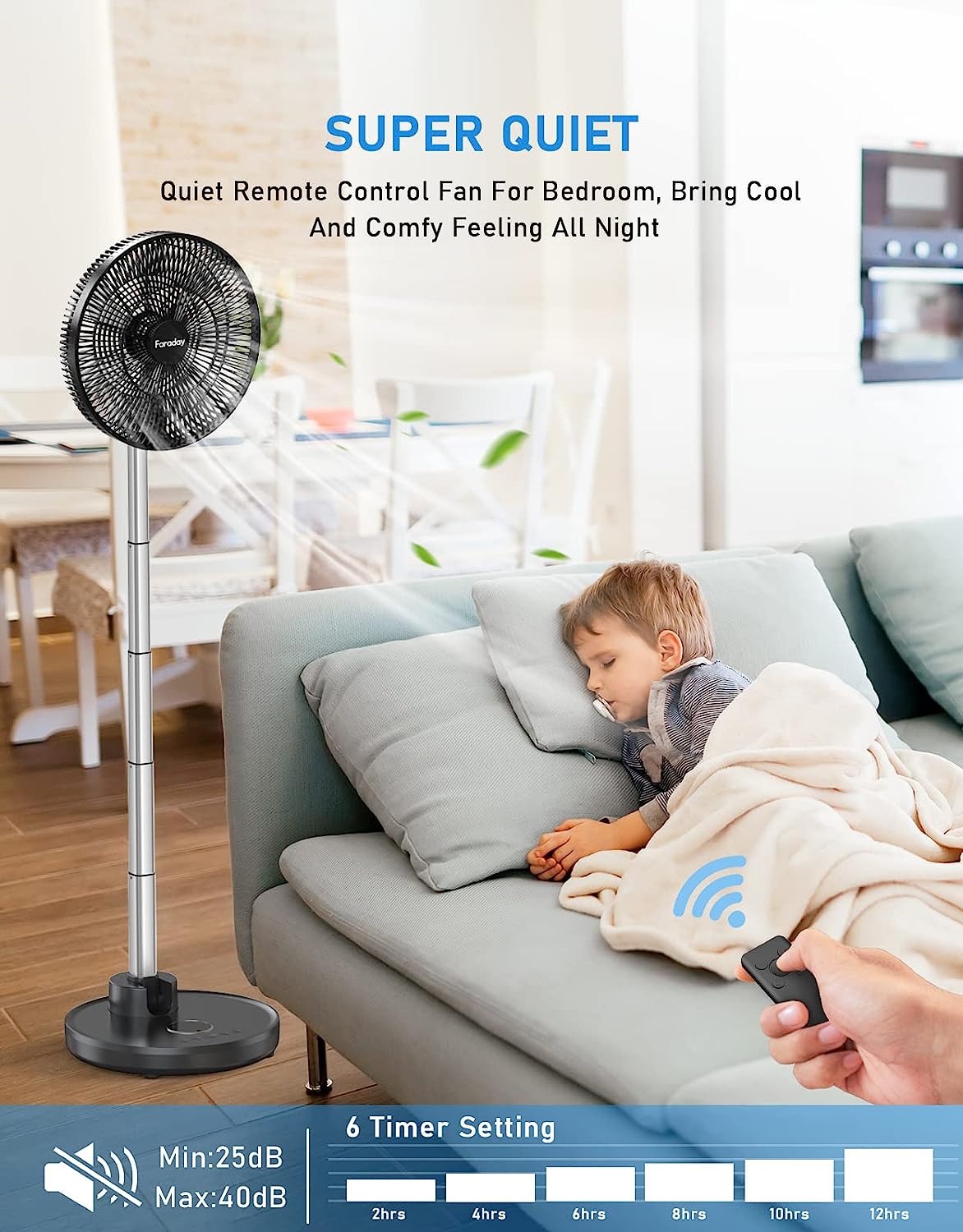 FARADAY Oscillating Standing Fan 12 Foldable Portable Quiet Floor Fan 12000mAh Rechargeable Pedestal Fan with Remote. Timer Setting. Height Adjustable Foldaway Fan for Bedroom Home Office. 6 Speed. Black