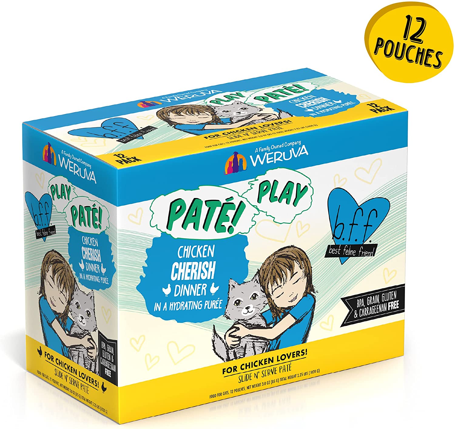 Weruva Wet Cat Food B.F.F. PLAY - Best Feline Friend Paté Lovers. Aw Yeah!. Chicken Cherish with Chicken. 3oz Pouch (Pack of 12)