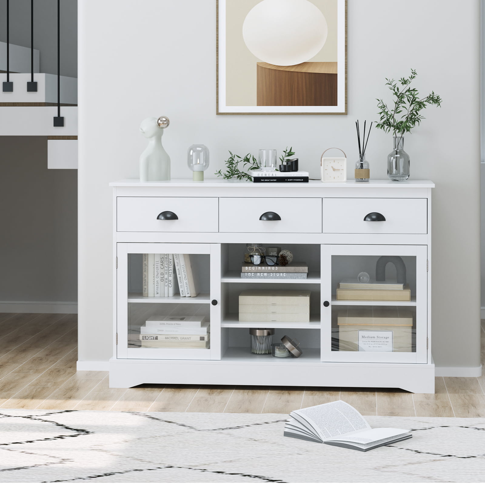 Homfa Sideboard Buffet. 53” Wide Kitchen Cupboard Storage Cabinet with 3 Drawers. White