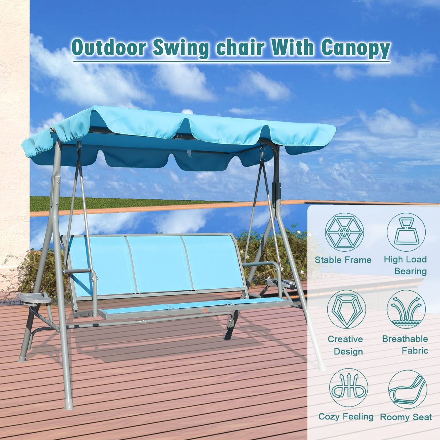 GOLDSUN Garden Porch Swing Hammock Swing Chair Bench for Patio. Garden.Backyard. Balcony with Adjustable Canopy.for Two or Three People (Blue)