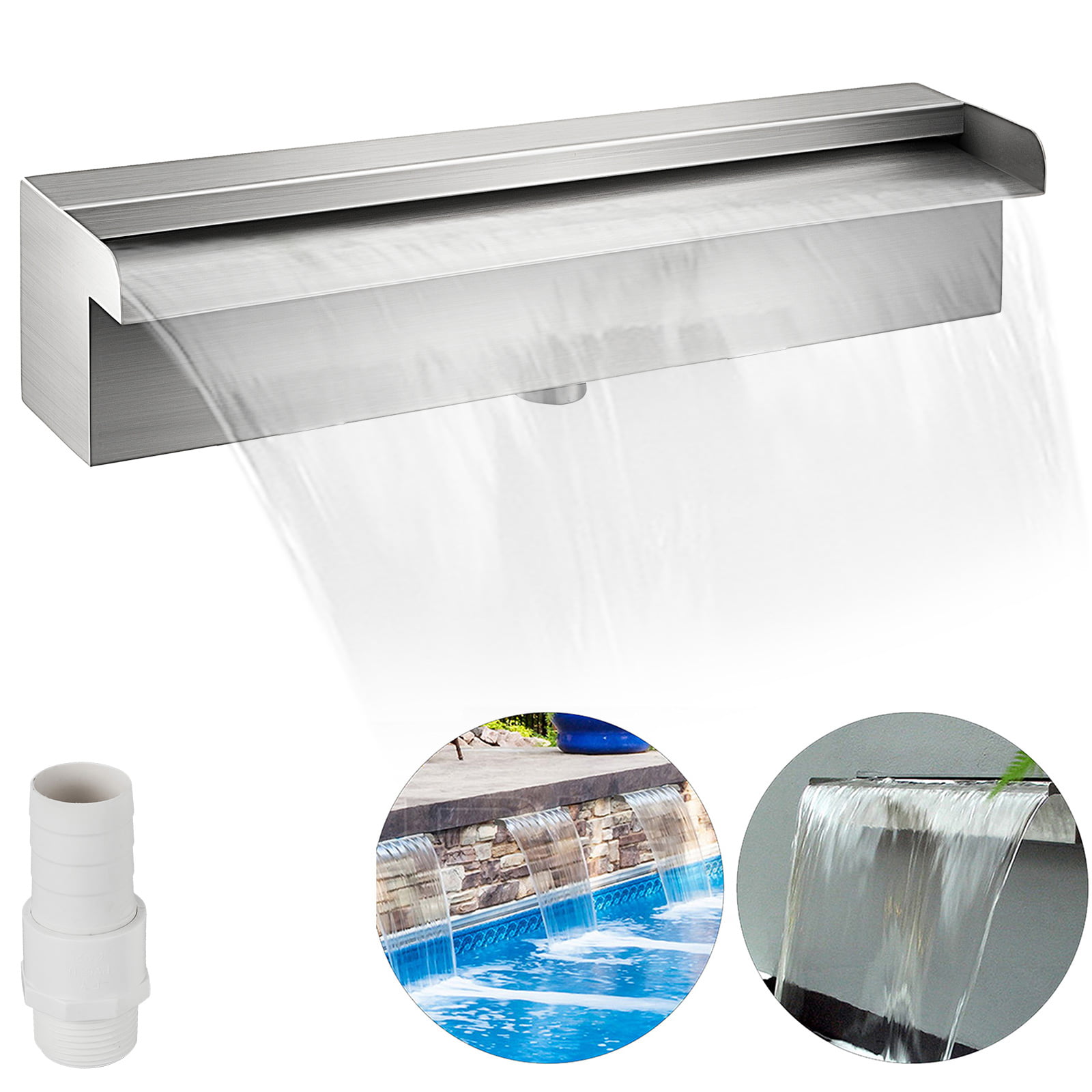 VEVOR Pool Fountain Stainless Steel Pool Waterfall 11.8″ x 4.5″ x 3.1″(W x D x H) Waterfall Spillway with Pipe Connector Rectangular Garden Outdoor