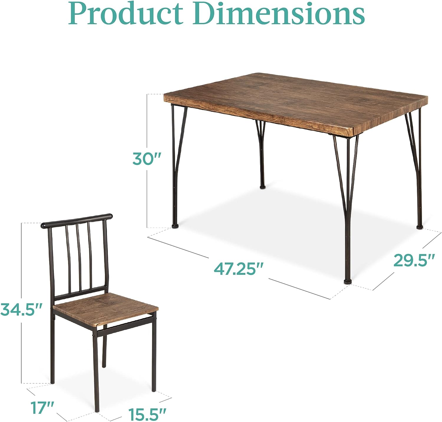 Best Choice Products 5-Piece Metal and Wood Indoor Modern Rectangular Dining Table Furniture Set for Kitchen. Dining Room. Dinette. Breakfast Nook w/ 4 Chairs - Drift Brown