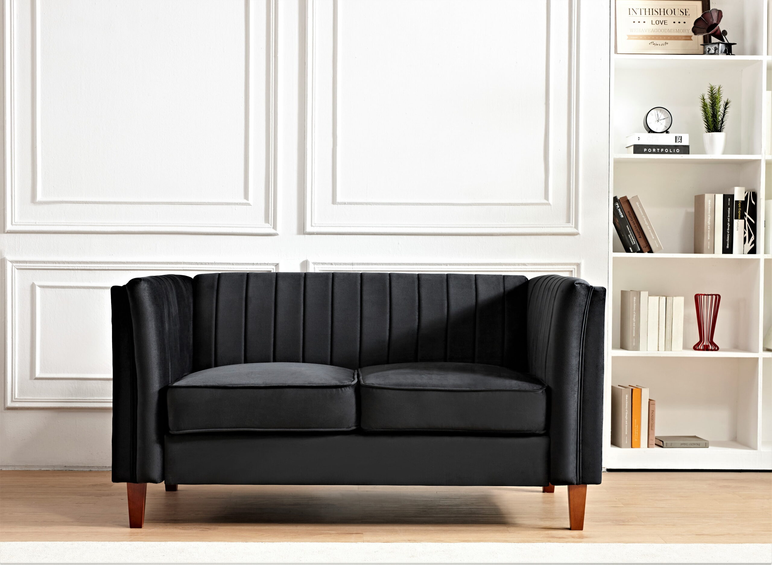 Uspridefurniture Plainfield Line Tufted Square Velvet Loveseat.Black