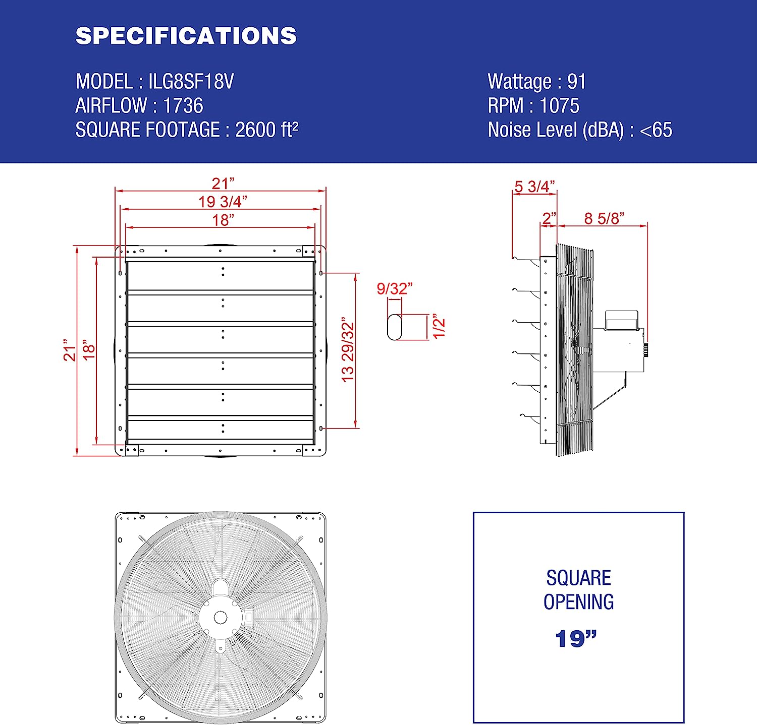 iLiving - 18″ Wall Mounted Exhaust Fan - Automatic Shutter - Variable Speed - Vent Fan For Home Attic. Shed. or Garage Ventilation. 1736 CFM. 2600 SQF Coverage Area (Power Cord Not Included)