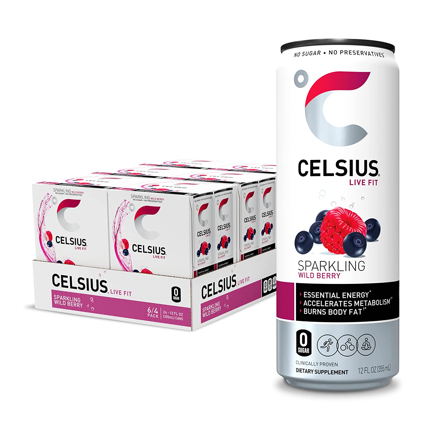 CELSIUS Essential Energy Drink 12 Fl Oz. Zero Sugar. Sparkling Wild Berry (Pack of 24)