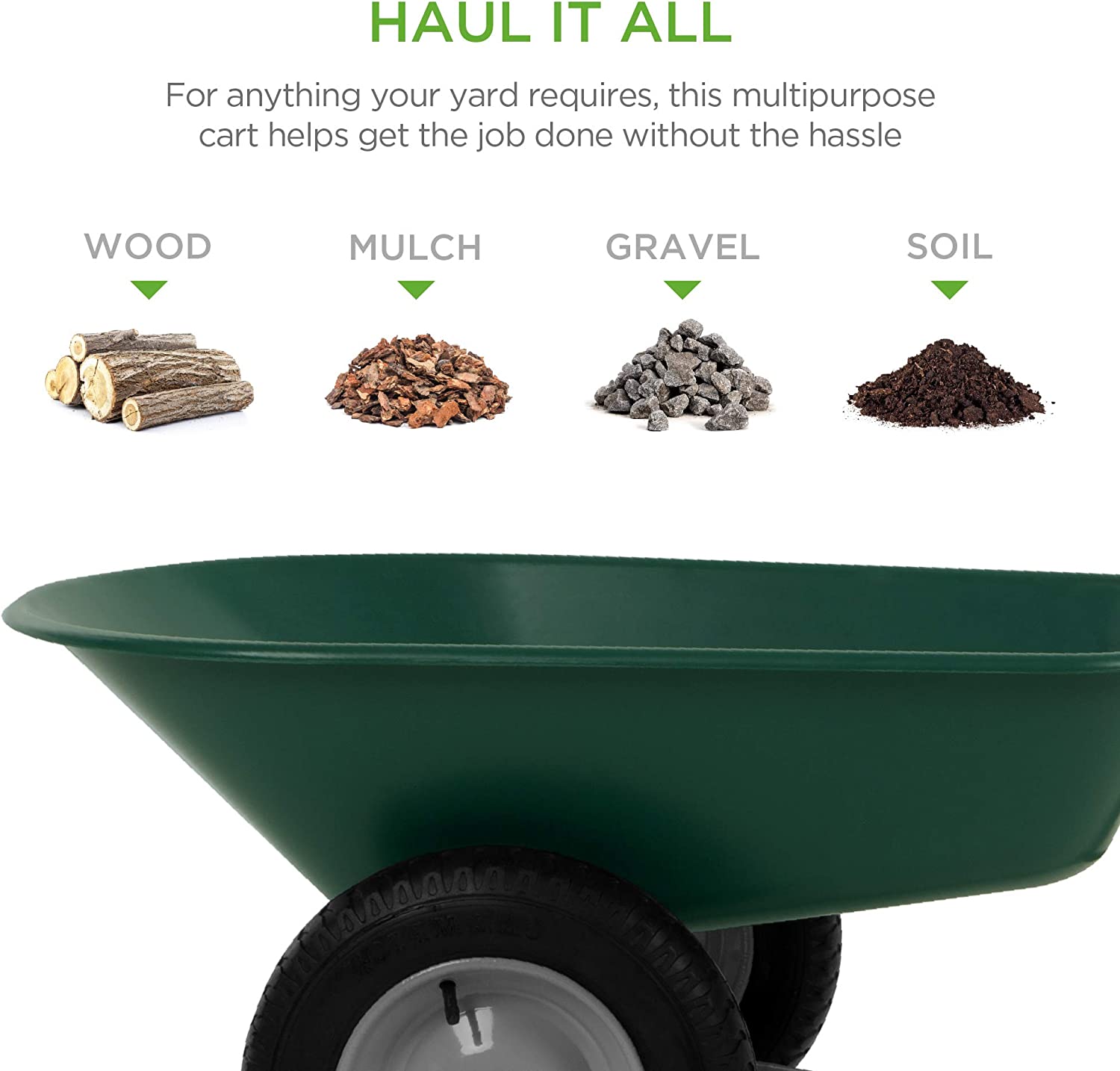 Best Choice Products Dual-Wheel Home Utility Yard Wheelbarrow Garden Cart w/Built-in Stand for Lawn. Gardening. Grass. Soil. Bricks. and Construction. Green