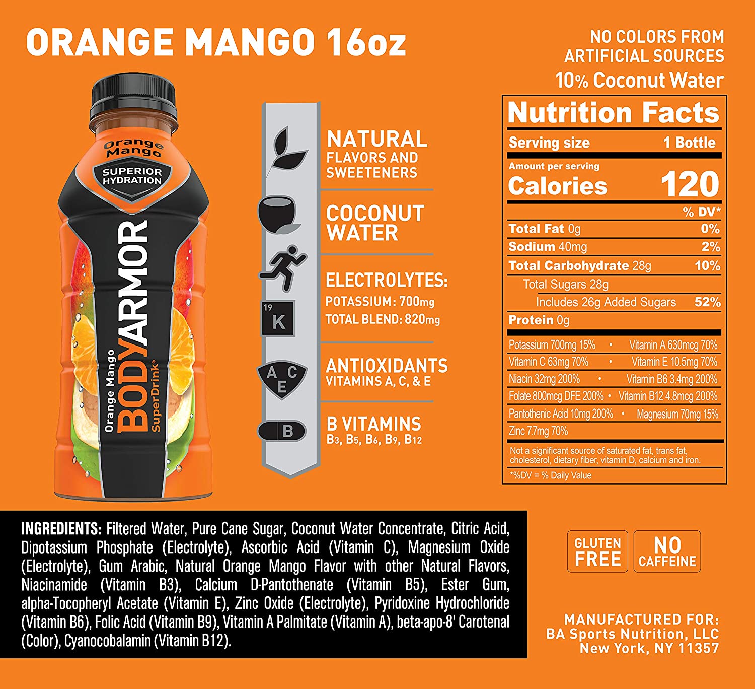 BODYARMOR Sports Drink Sports Beverage. Orange Mango. Natural Flavors With Vitamins. Potassium-Packed