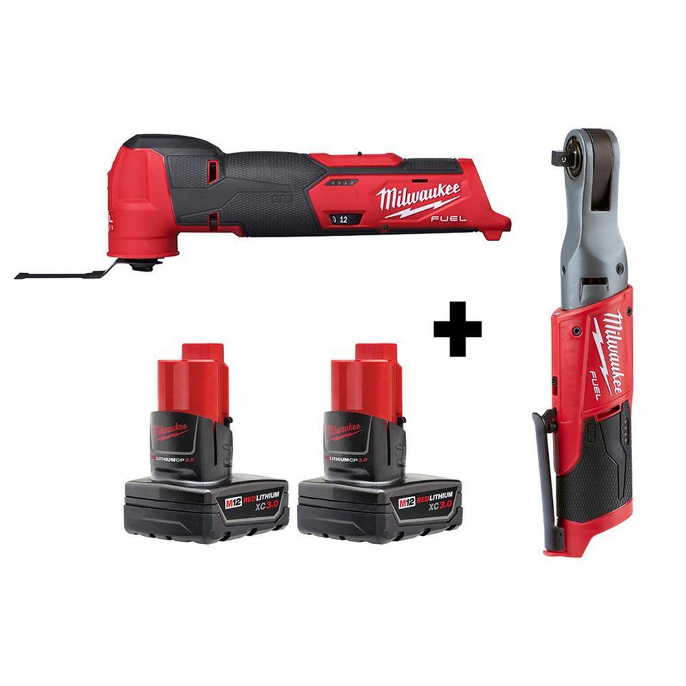 Milwaukee 2526-20-2557-20-48-11-2412 M12 FUEL 12V Lithium-Ion Cordless Oscillating Multi-Tool and 3/8 in. Ratchet with two 3.0 Ah Batteries