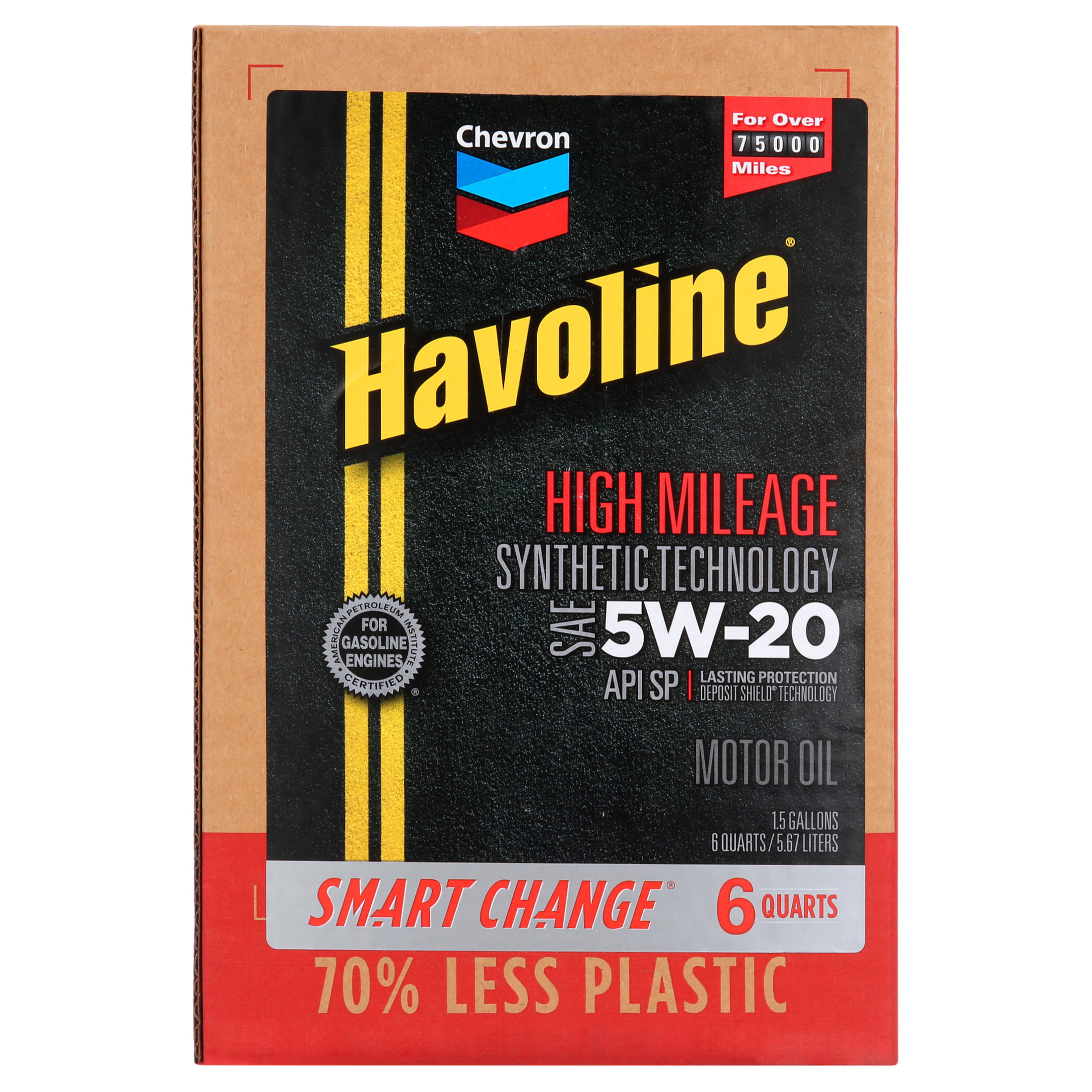 Chevron Havoline High Mileage Synthetic Technology Motor Oil 5W-20. 6 Quart Smart Change Box Case (2-Pack)