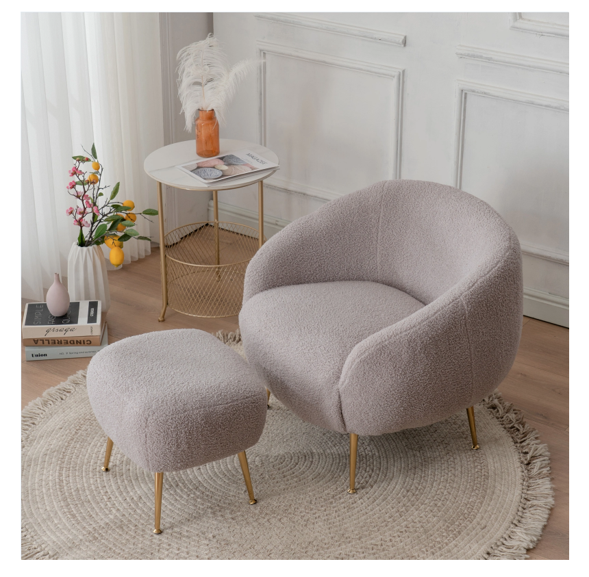 DISCOUNTTODAY FCH Faux Fur Barrel Accent Chair with Ottoman for Bedroom Living Room Guestroom. Dark Grey