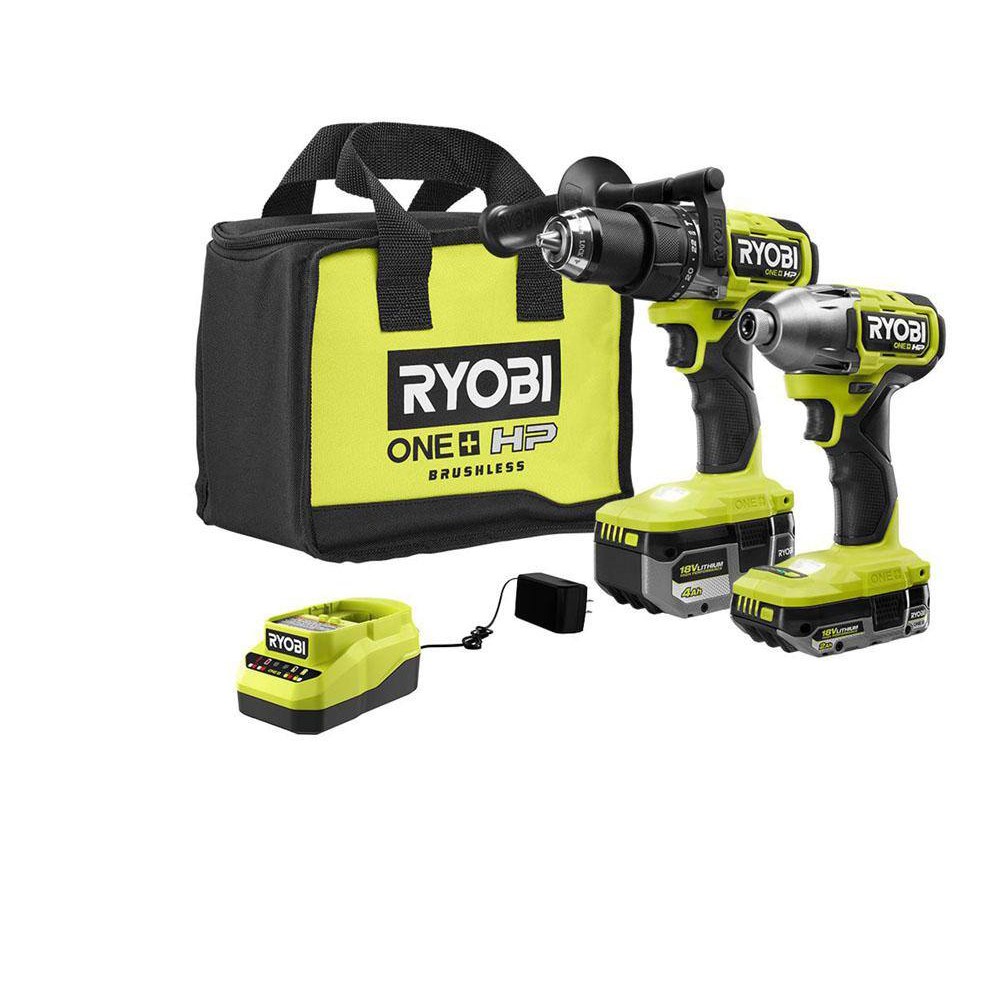 RYOBI PBLCK02K ONE+ HP 18V Brushless Cordless 1/2 in. Hammer Drill and 1/4 in 4-Mode Impact Driver Kit w/ (2) Batteries. Charger. & Bag