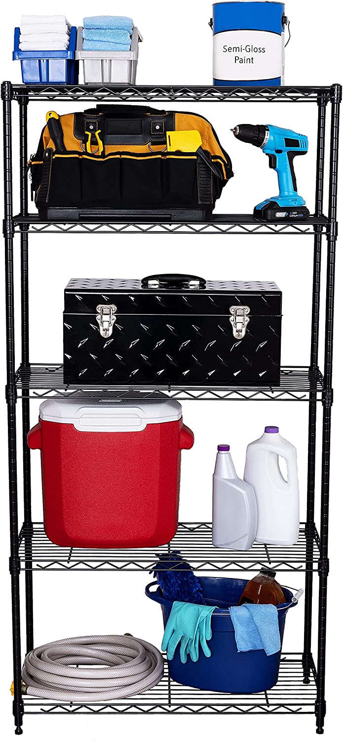 Seville Classics Solid Steel Wire Storage Unit Adjustable Shelves Organizer Rack for Home. Kitchen. Office. Garage. Bedroom. Closet. 5-Tier. 30″ W x 14″ D (New Model). Black