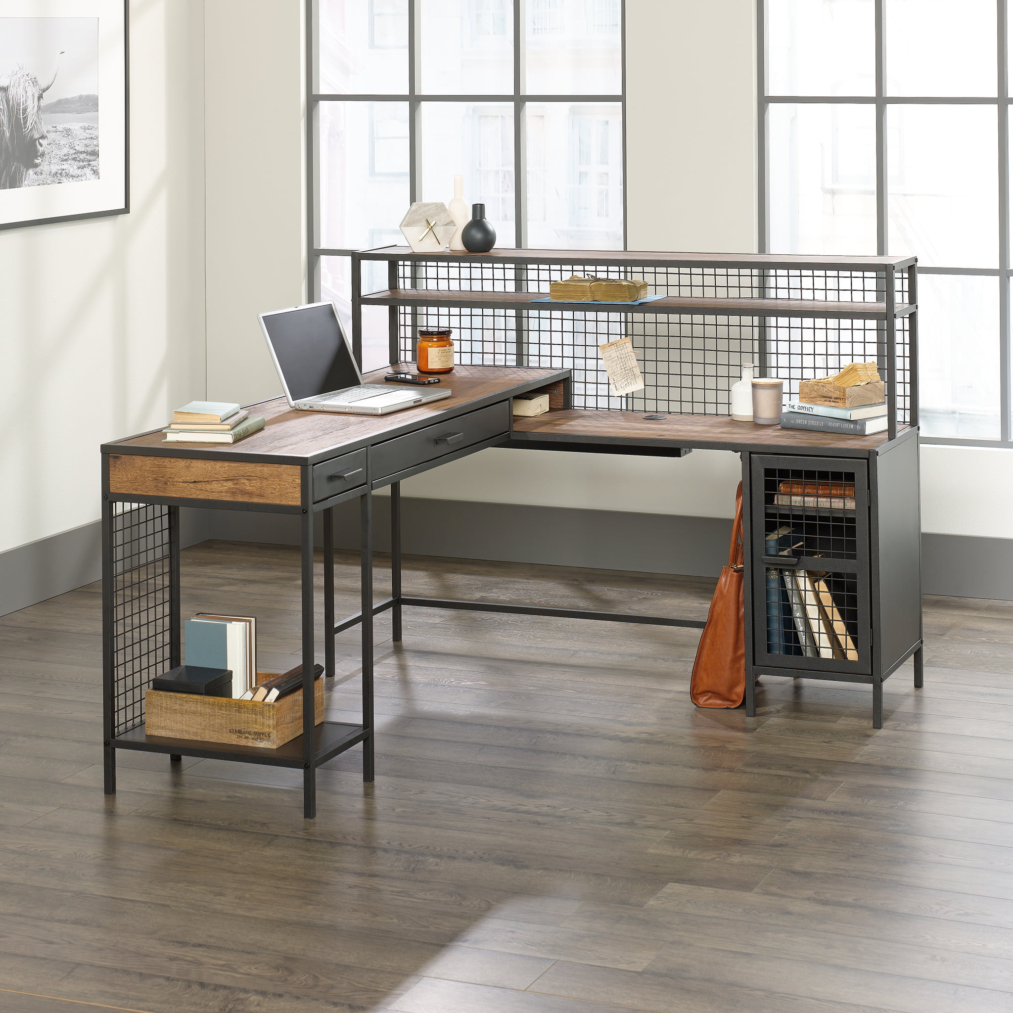 Better Homes & Gardens Lindon Place L-Shaped Desk with Cage. Vintage Oak Finish