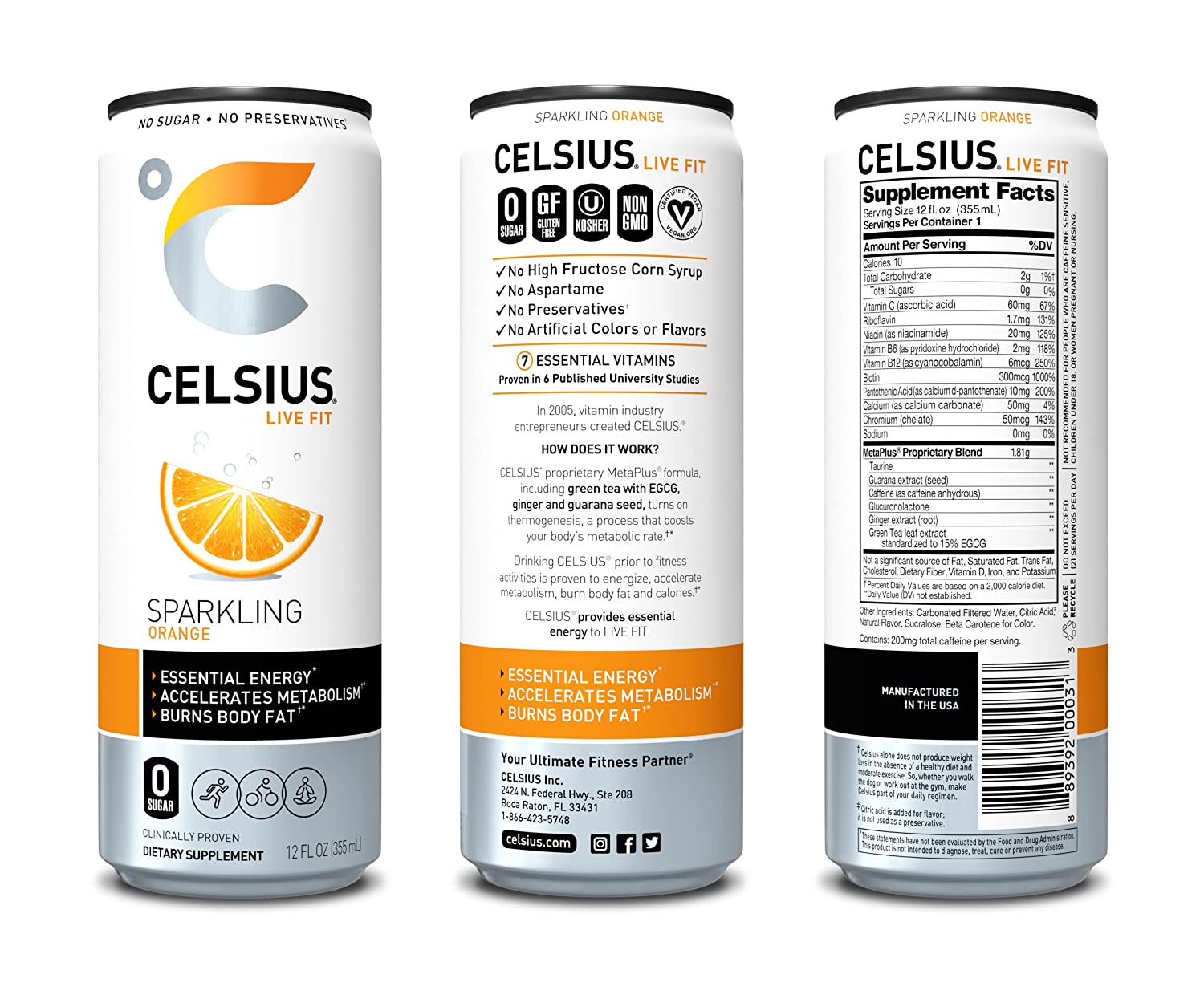 CELSIUS Essential Energy Drink 12 Fl Oz. ZERO Sugar. Sparkling Orange (Pack of 12)