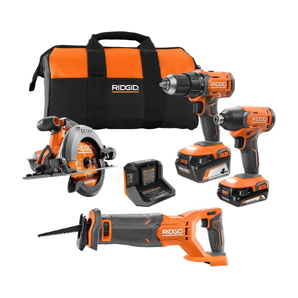 RIDGID R96256 18V Cordless 4-Tool Combo Kit with (1) 4.0 Ah Battery. (1) 2.0 Ah Battery. Charger. and Bag