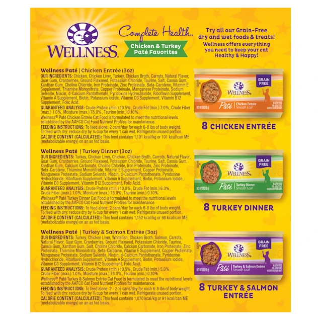 Wellness Complete Health Chicken & Turkey Pate Favorites Variety Pack Wet Adult Cat Food. 3 oz.. Count of 24