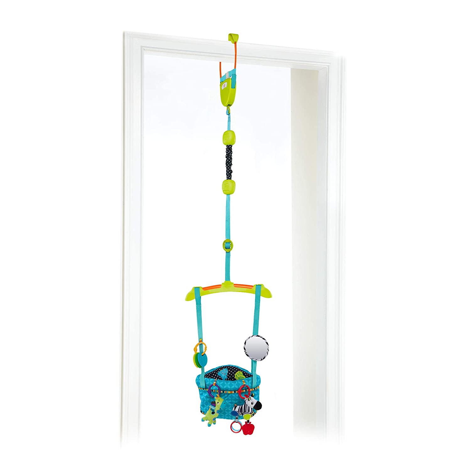 Bright Starts Bounce ‘N Spring Deluxe Door Jumper with Take-Along Toys. Ages 6 months +. Blue