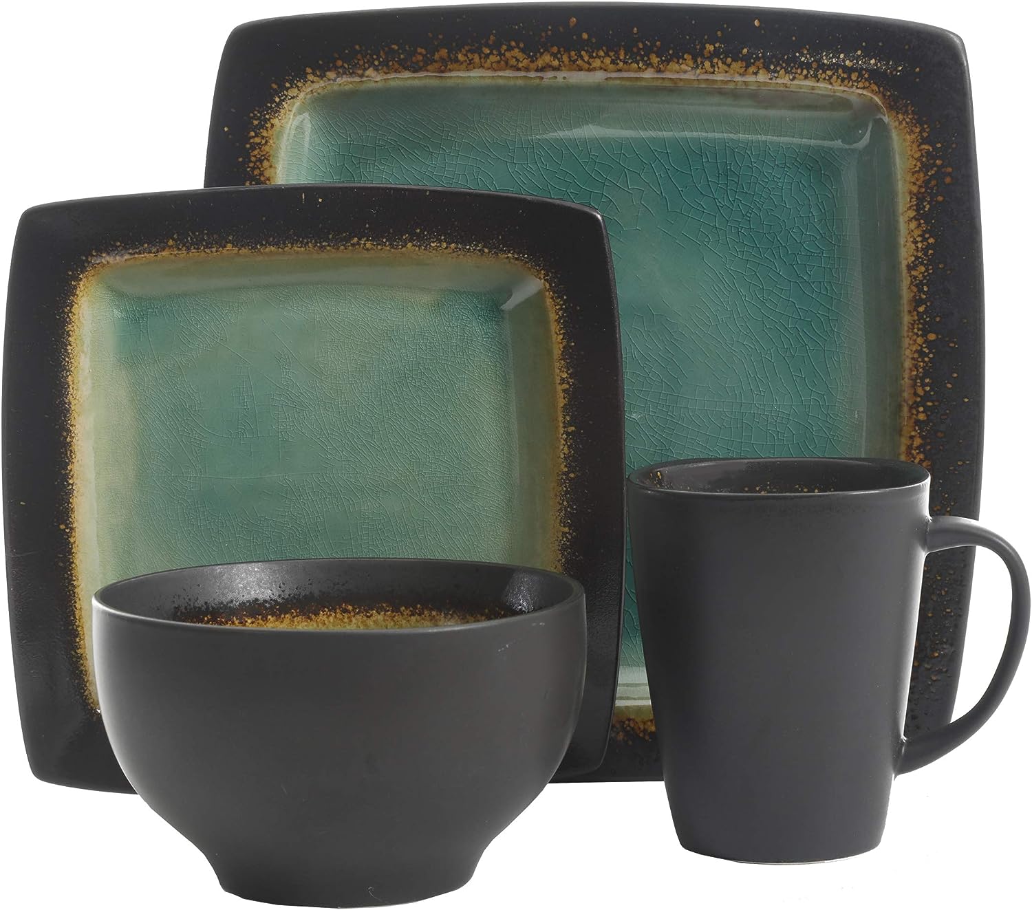 Gibson Elite Ocean Paradise Square Reactive Glaze Stoneware Dinnerware Set. Service for 4 (16pcs). Jade