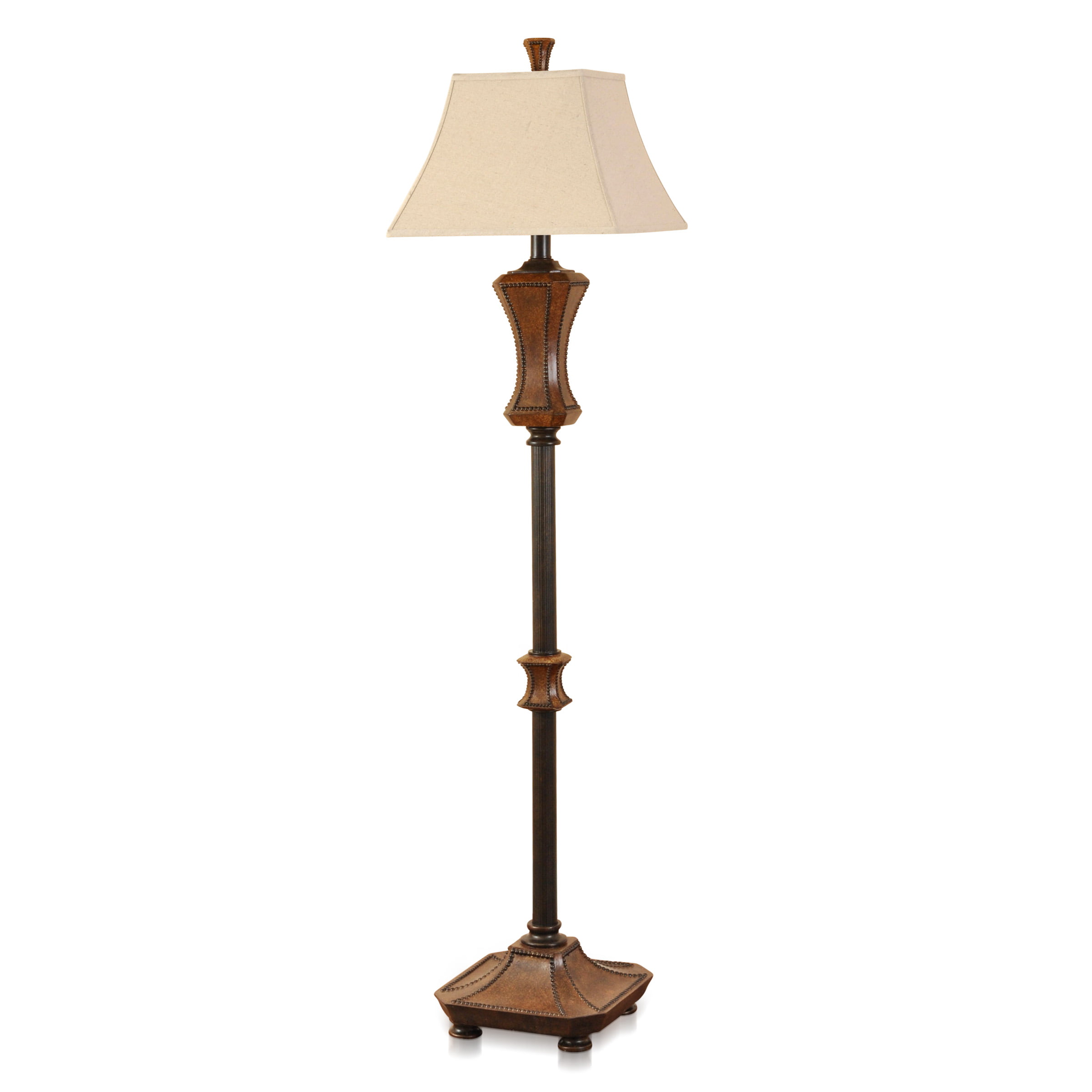 Archer Traditional Floor Lamp with a Square Bell Shade - Brown With Black Nailheads Finish - Light Oatmeal with Trim Fabric