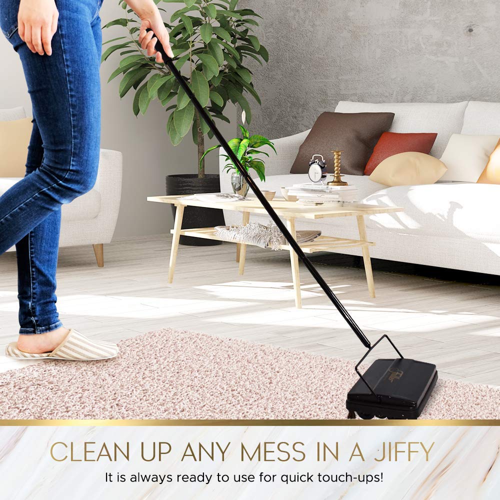 Fuller Brush Electrostatic Carpet & Floor Sweeper with Additional Rubber Rotor - 9″ Cleaning Path - Lightweight - Ideal for Crumby & Wet Messes - Works On Carpets & Hard Floor Surfaces (Black)