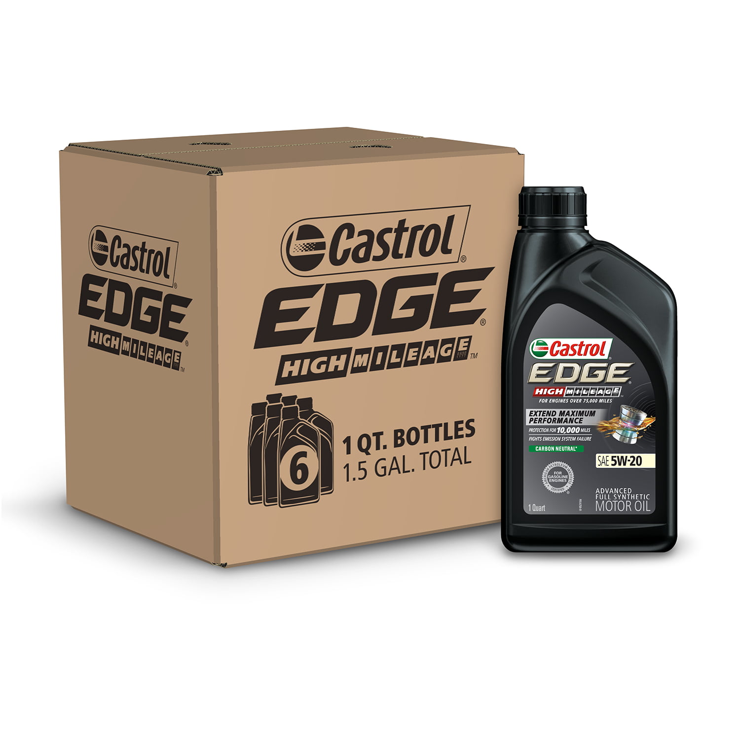 Castrol EDGE High Mileage 5W-20 Advanced Full Synthetic Motor Oil. 1 Quart. Case of 6