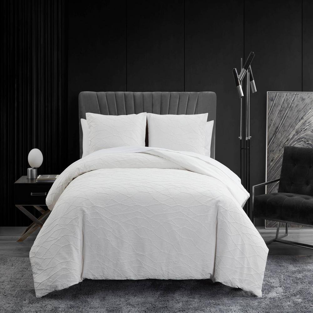 VERA WANG  Abstract Crinkle 3-Piece White Cotton Blend King Comforter Set