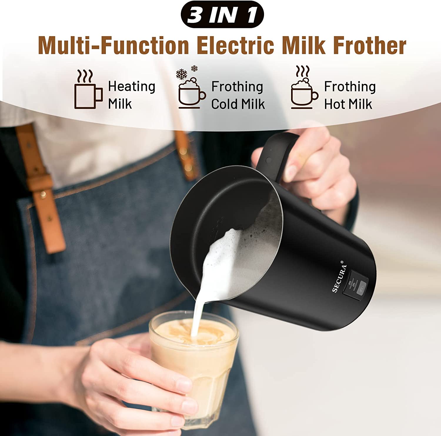 Secura Milk Frother. Electric Milk Steamer Stainless Steel. 8.4oz/250ml Automatic Hot and Cold Foam Maker and Milk Warmer for Latte. Macchiato (Black)