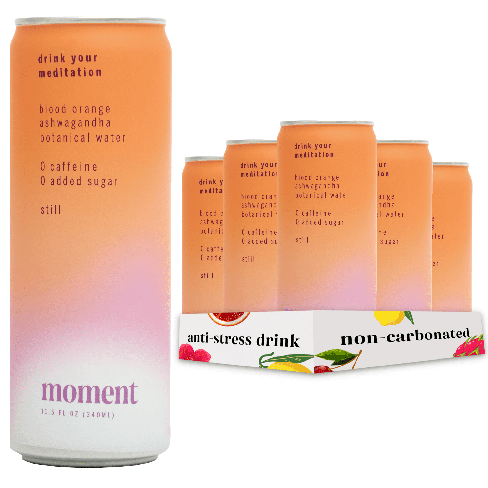 Moment Botanical Water. Blood Orange Ashwagandha. Still. Zero Added Sugar. 12 Pack. 11.5 fl oz