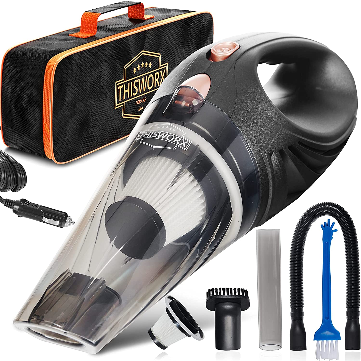THISWORX TWC-01 Car Vacuum Cleaner - Portable. High Power. Mini Handheld Vacuum w/ 3 Attachments. 16 Ft Cord & Bag - 12v. Small Auto Accessories Kit for Interior Detailing - Black