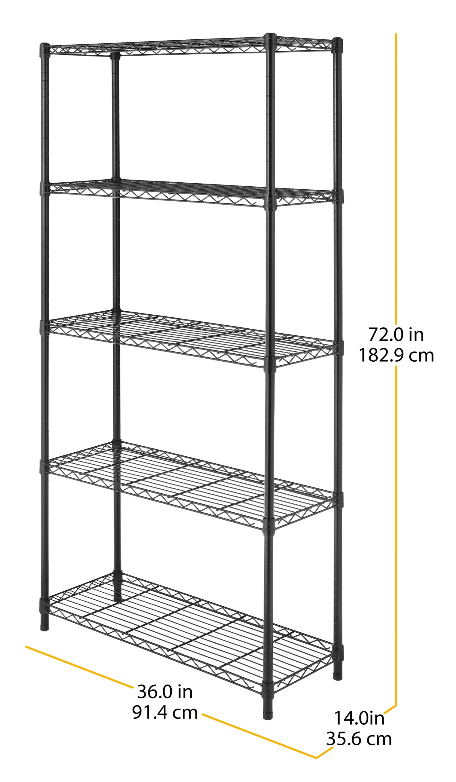 Whitmor Adjustable 36″W x 14″D x 72″H 5-Shelf Freestanding Shelves.  Metal with Plastic Connectors. Black