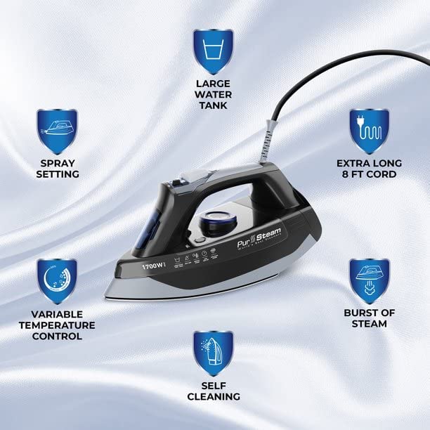 Professional Grade 1700W Steam Iron for Clothes with Rapid Even Heat Scratch Resistant Stainless Steel Sole Plate. True Position Axial Aligned Steam Holes. Self-Cleaning Function