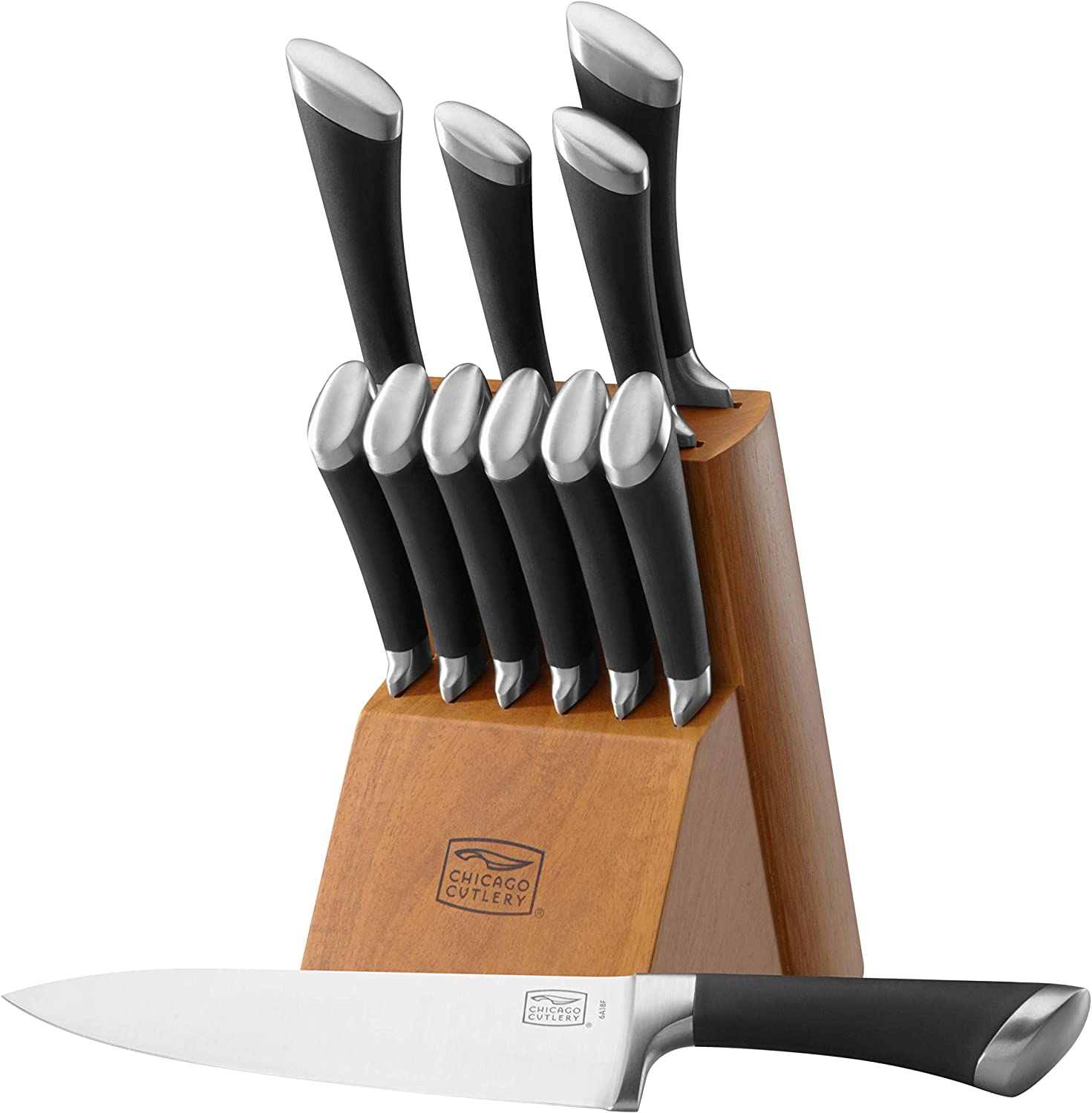 Chicago Cutlery Fusion 12 Piece Forged Premium Knife Block Set with Wooden Storage Block. Cushion-Grip Handles with Stainless Steel Blades. Kitchen Knife Set