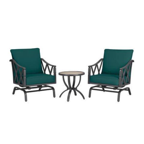 Hampton Bay  Harmony Hill 3-Piece Black Steel Outdoor Patio Motion Conversation Set with CushionGuard Malachite Green Cushions