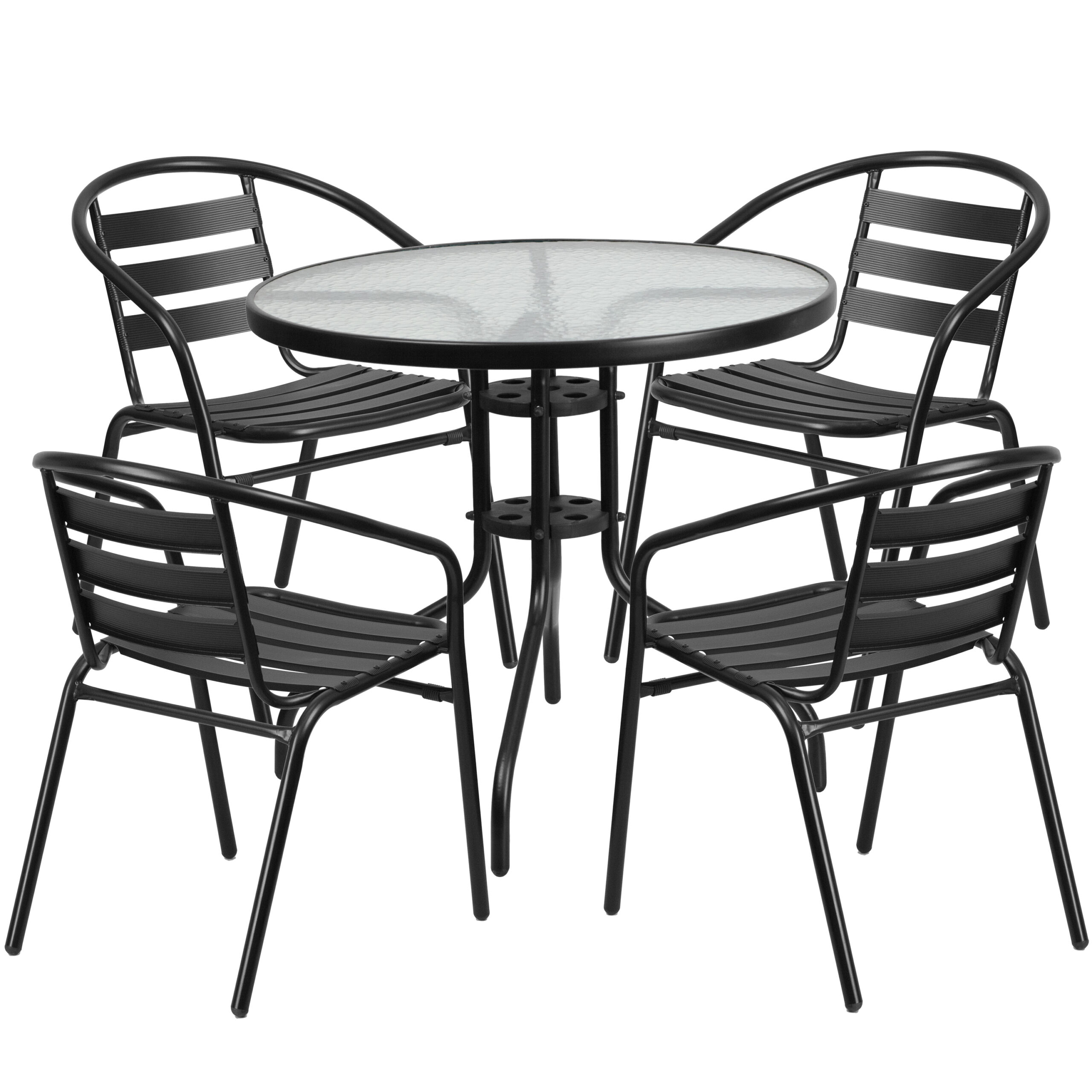 Flash Furniture 31.5” Round Glass Metal Table with 4 Black Metal Aluminum Slat Stack Chairs