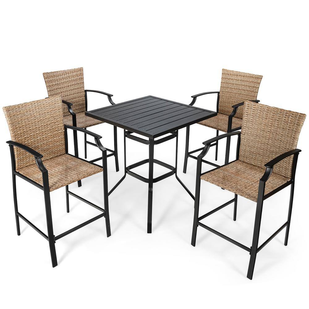 Costway  5-Piece Wicker Square 37 in. Outdoor Bistro Set Rattan Bar Stool Table Set with Beige Cushions