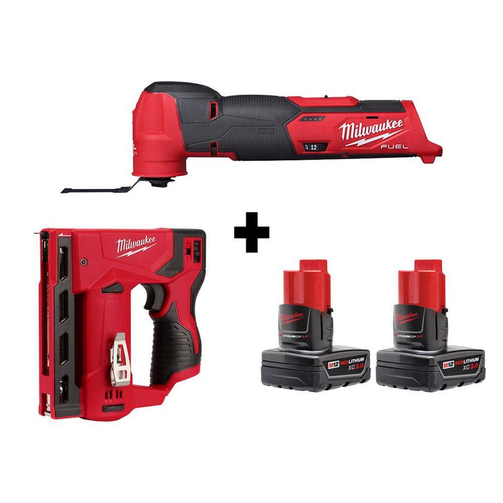 Milwaukee 2526-20-2447-20-48-11-2412 M12 FUEL 12V Lithium-Ion Cordless Oscillating Multi-Tool and Crown Stapler with two 3.0 Ah Batteries