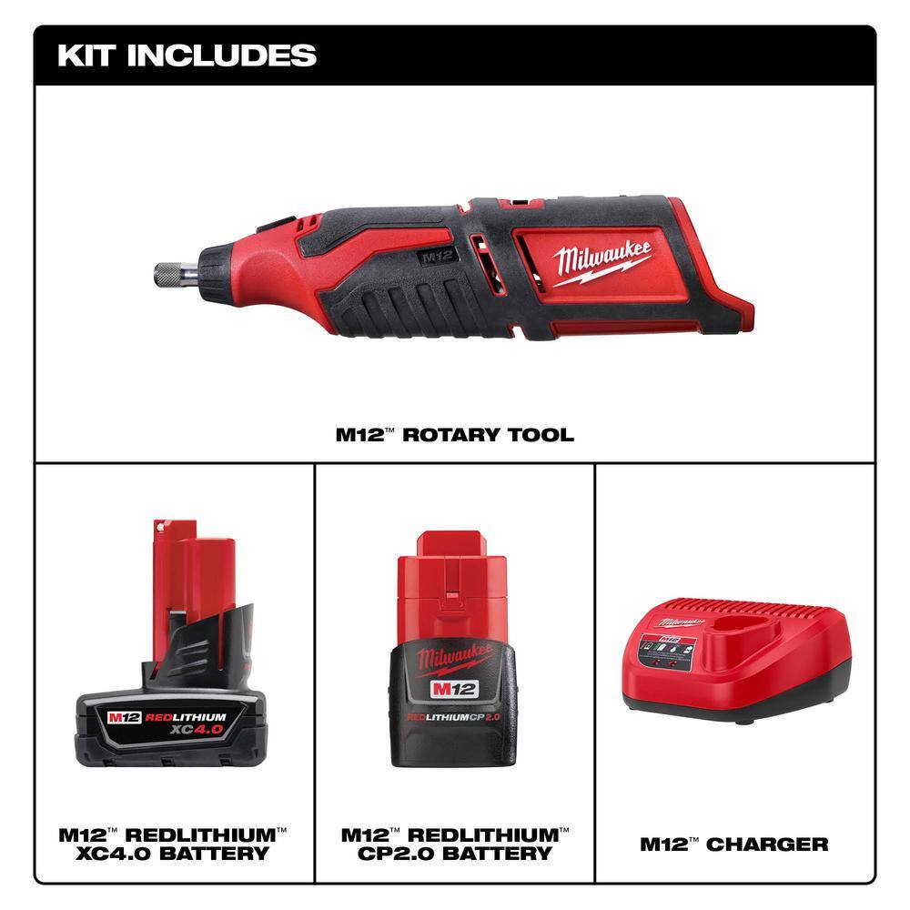 Milwaukee 48-59-2424-2460-20 M12 12V Lithium-Ion Cordless Rotary Tool with One M12 4.0 Ah and One M12 2.0 Ah Battery Pack and Charger