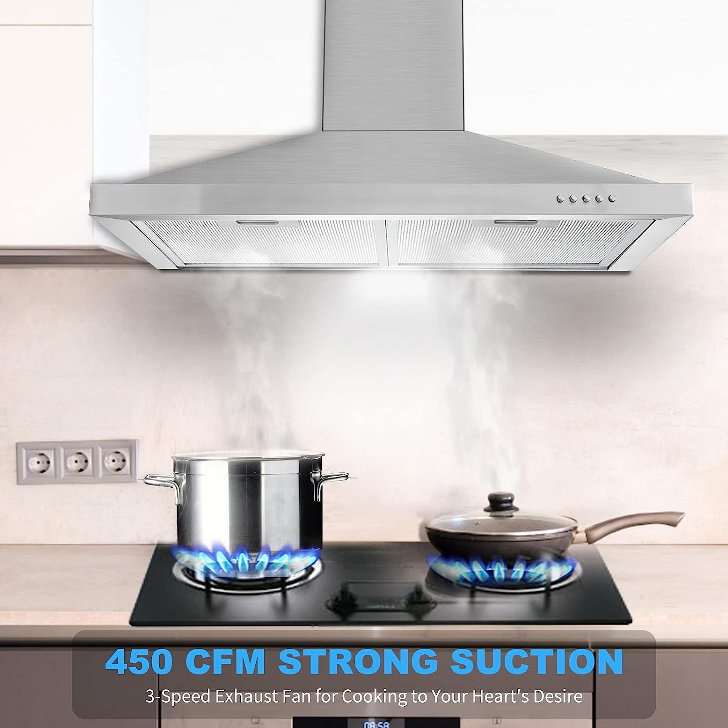 Tieasy Wall Mount Range Hood 30 inch with Ducted/Ductless Convertible Duct. Stainless Steel Chimney-Style Over Stove Vent Hood with LED Light. 3 Speed Exhaust Fan. 450 CFM