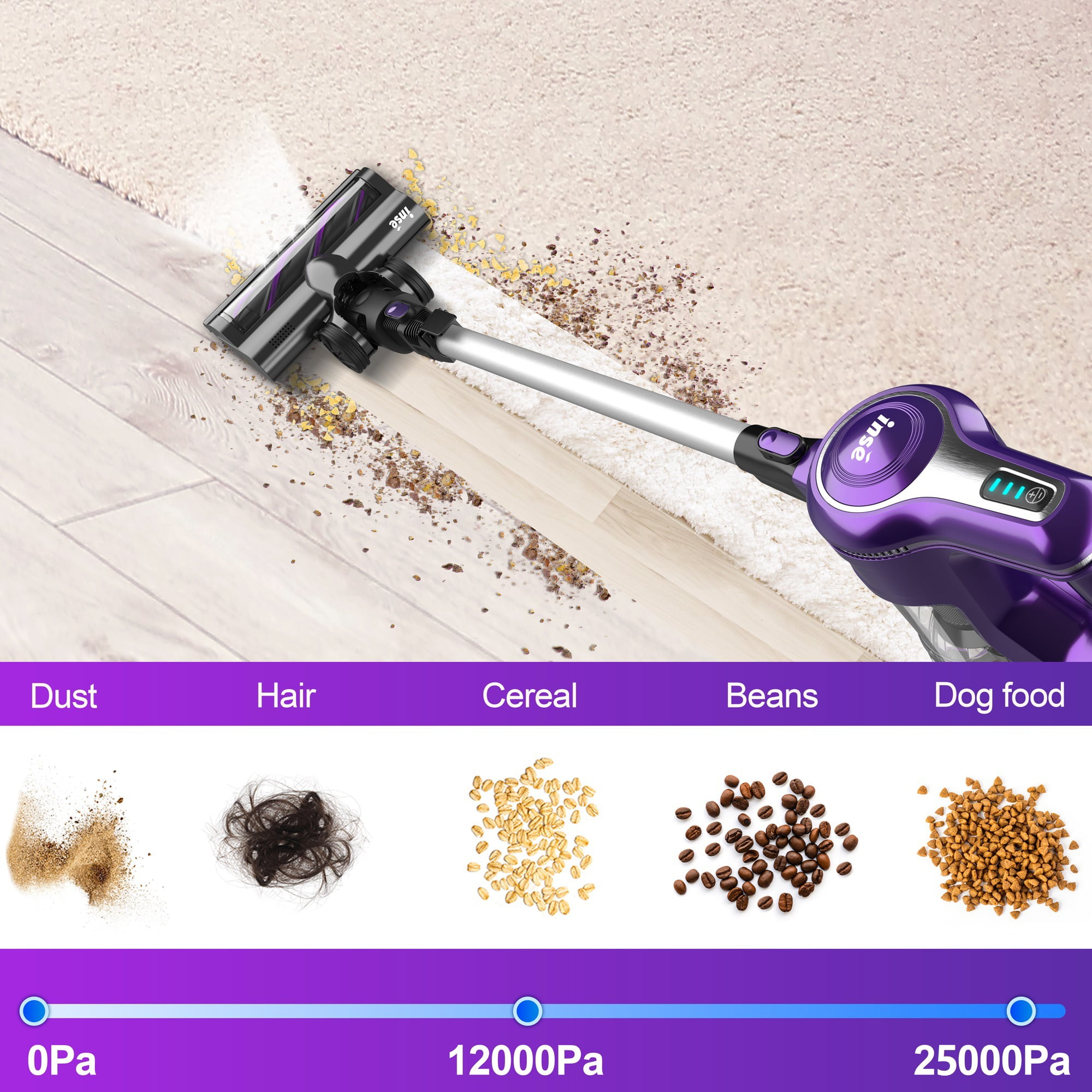INSE Cordless Vacuum Cleaner. 25kPa 300W Powerful Suction Stick Vacuum Cleaner up to 45min Runtime. Rechargeable Battery Vacuum. 10-in-1 Lightweight Vacuum for Carpet Hard Floor Pet Hair