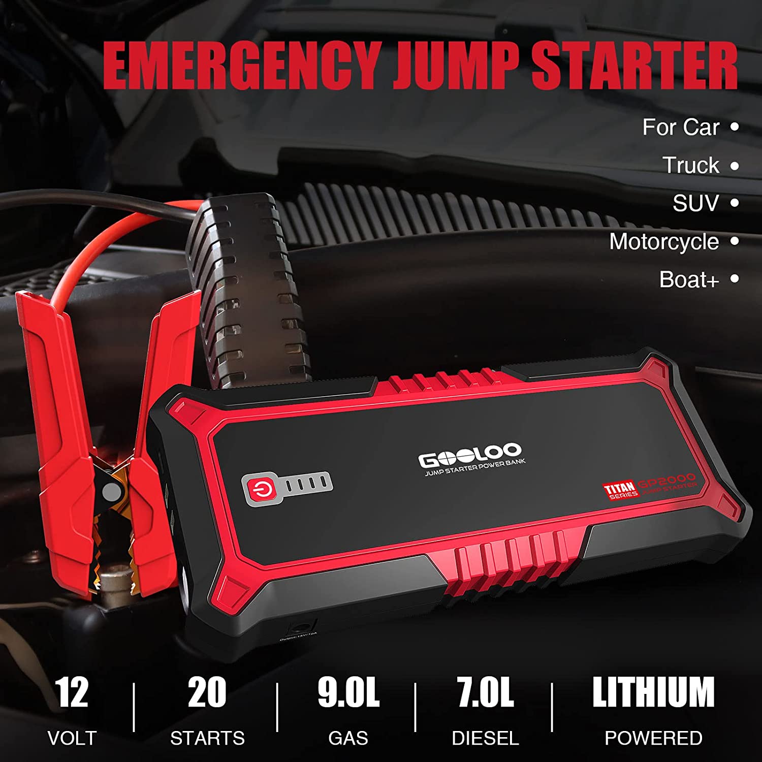 GOOLOO Portable Car Jump Starter.2000A Peak GP2000 19800mAh 12V(Up to 9L Gas and 7L Diesel Engine)Jump Box.SuperSafe Auto Jumper Pack with USB Quick Charger Battery Booster