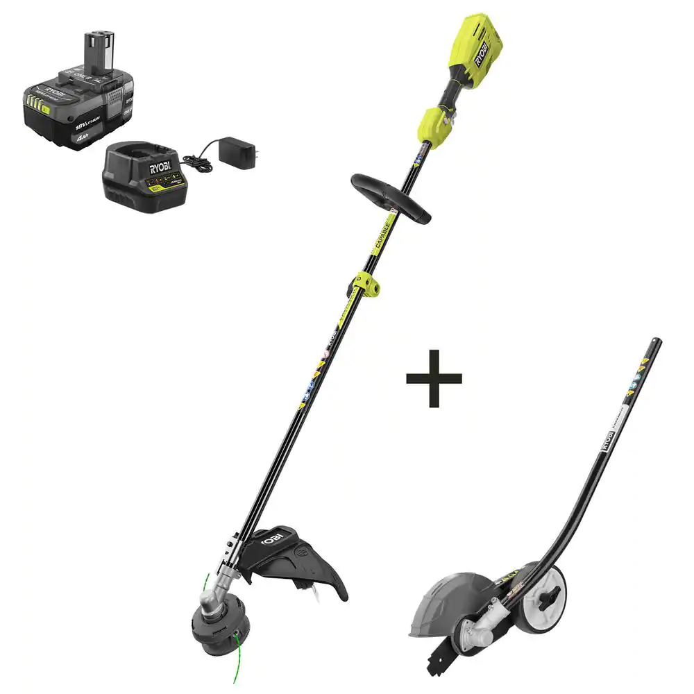 RYOBI P20110-EDG ONE+ 18V Brushless 15 in. Cordless Attachment Capable String Trimmer with Edger Attachment. 4.0 Ah Battery. and Charger
