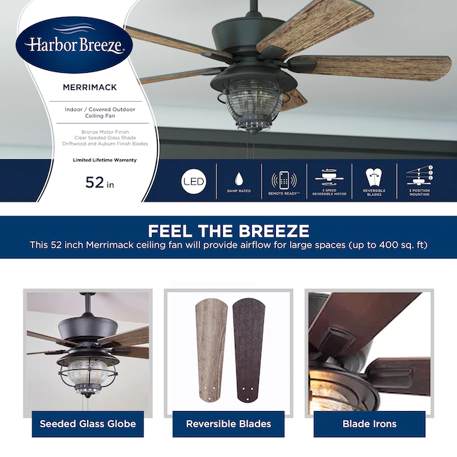 Harbor Breeze  Merrimack II 52-in Bronze LED Indoor/Outdoor Downrod or Flush Mount Ceiling Fan with Light (5-Blade)