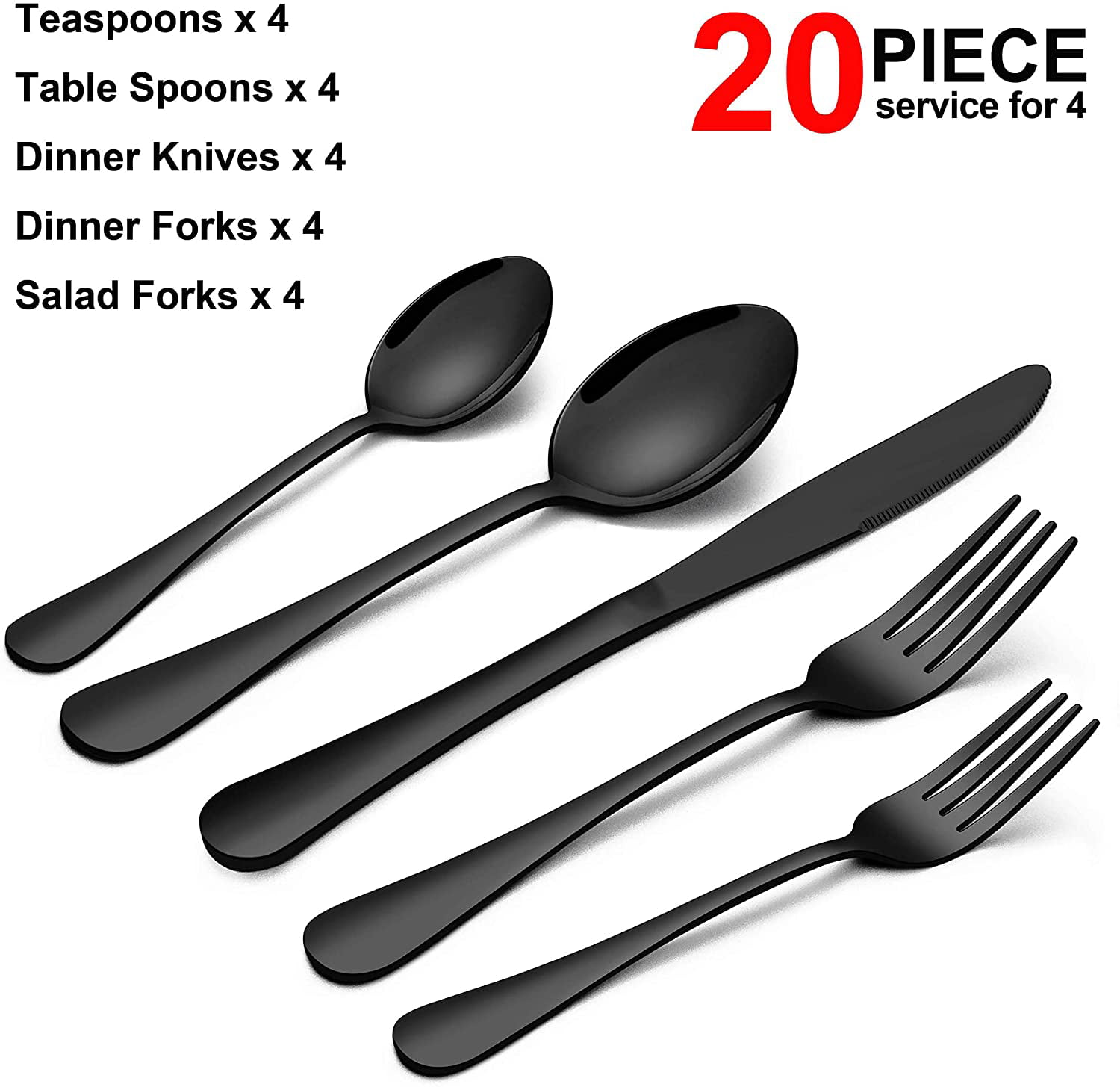 Black Silverware Set. VeSteel 20 Piece Stainless Steel Flatware Cutlery Set for 4. Mirror Finish. Dishwasher Safe