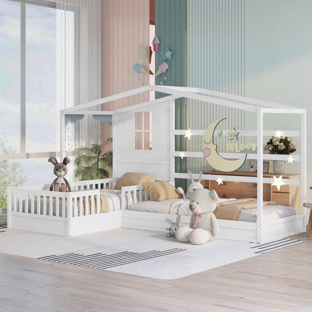 URTR  White Twin Size L-Shaped Wood House Bed for Kids. 2 Twin Solid Bed L Structure with Fence and Slatted Frame