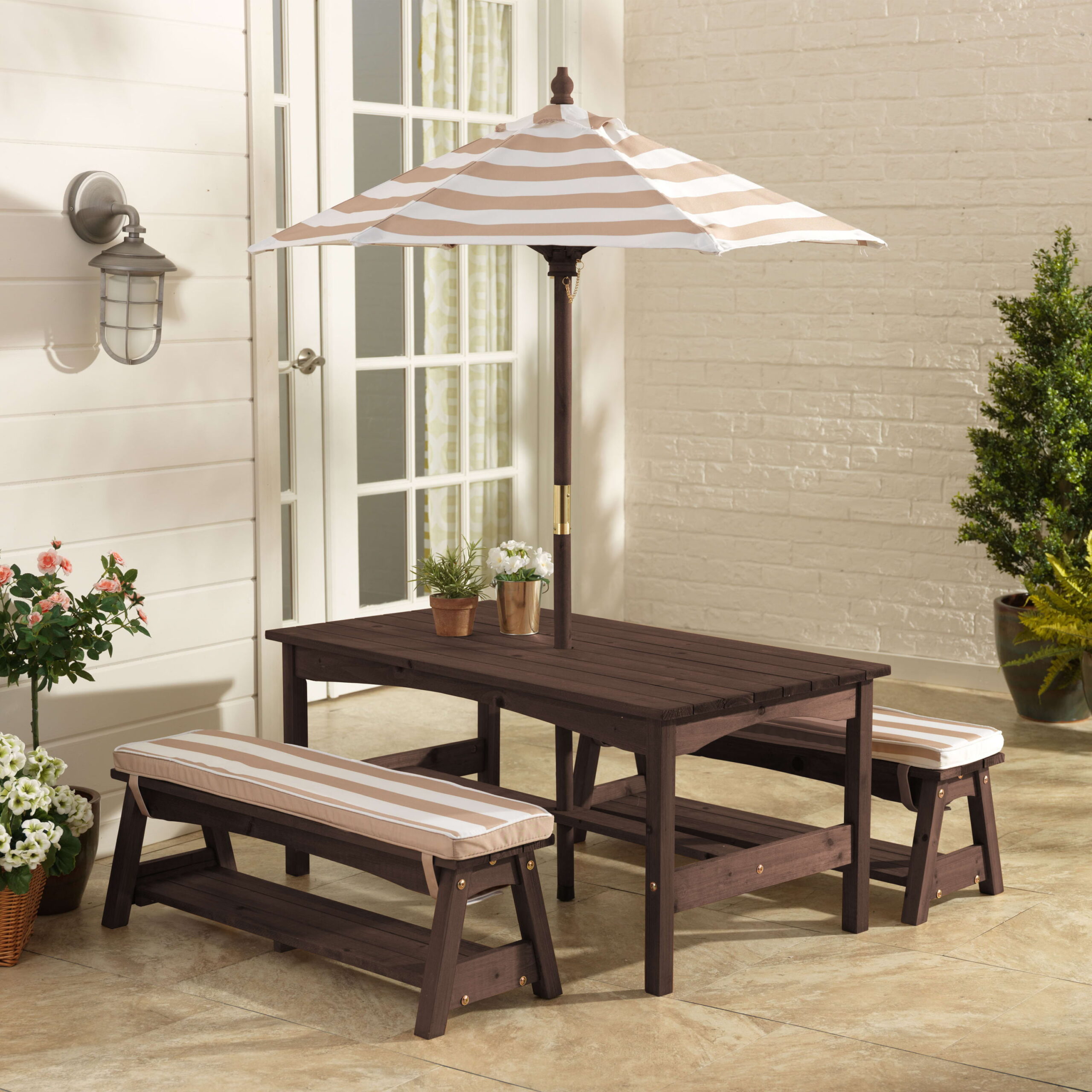 KidKraft Outdoor Wooden Table & Bench with Cushions and Umbrella. Espresso