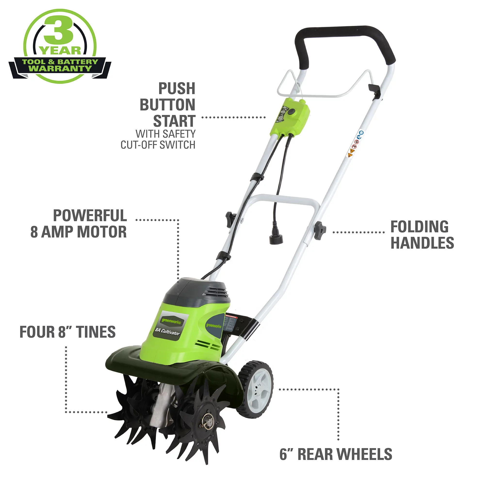 Greenworks 8 Amp 10-inch Corded Electric Cultivator/Tiller. 27072