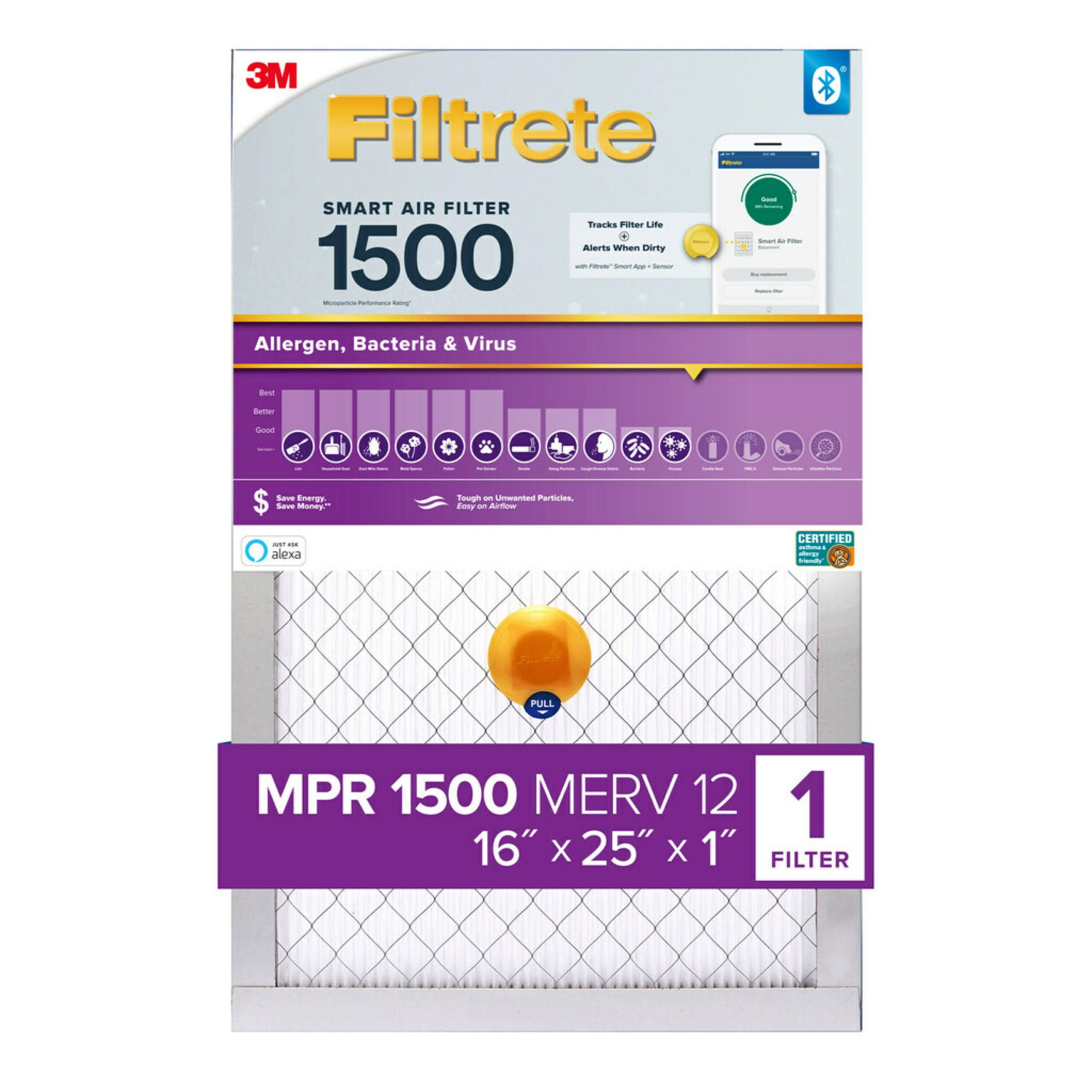 Filtrete Smart 16x25x1. MERV 12. Allergen. Bacteria Virus HVAC Air and Furnace Filter. 1500 MPR. 1 Filter