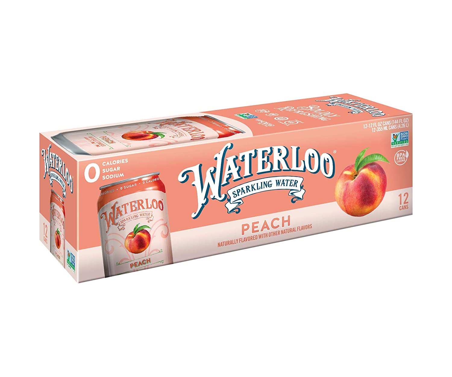 Waterloo Sparkling Water. Peach Naturally Flavored. 12 Fl Oz Cans. Pack of 12