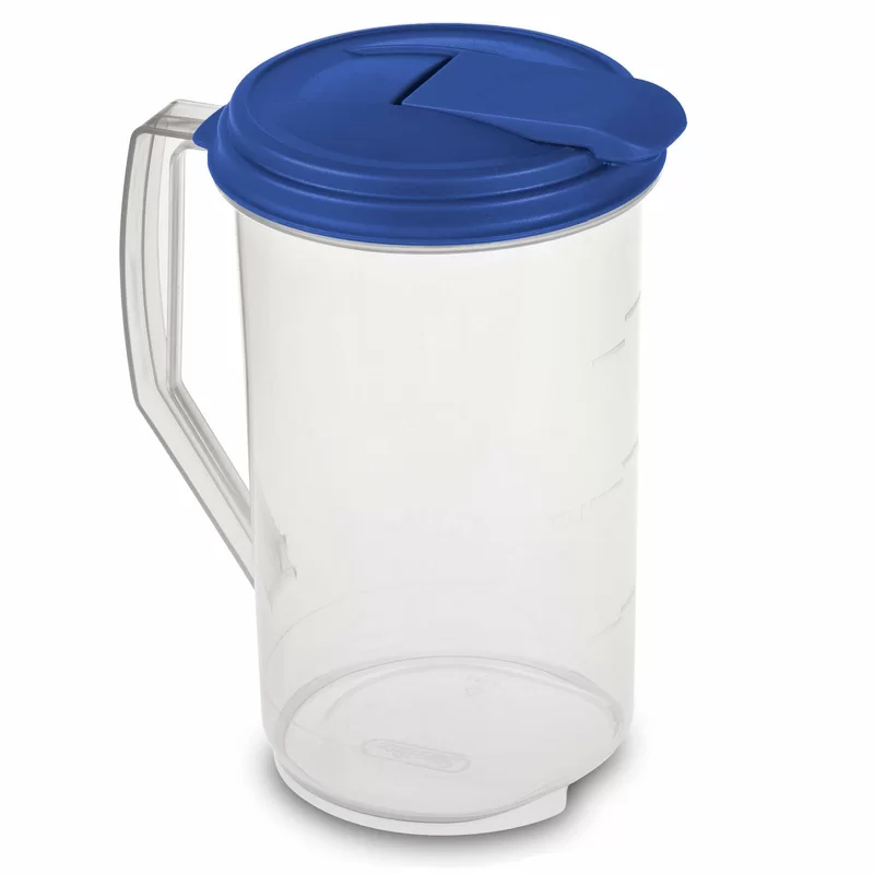 Sterilite 2 Qt Clear Plastic Drink Pitcher with Leak Proof Lid. Blue (18 Pack)